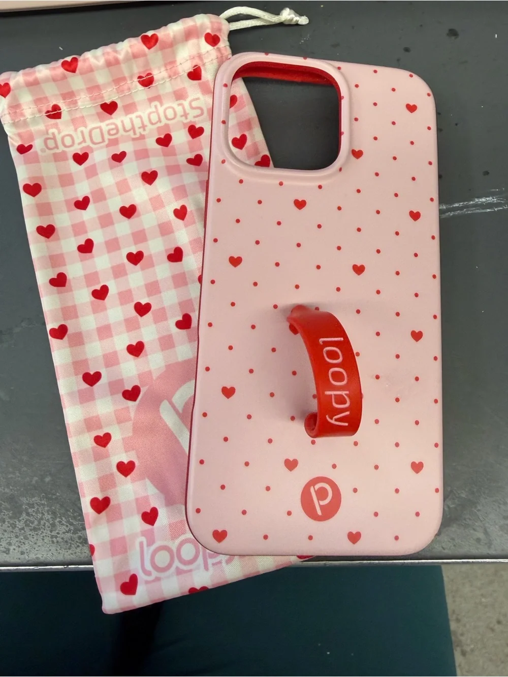 Loopy Case Case Pink Heart Phone Grip Case with Red Loop
